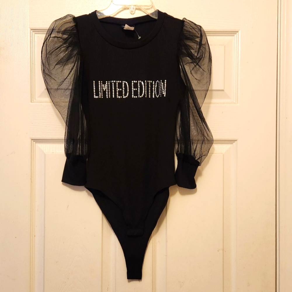 Black Bodysuit with Sheer Sleeves. Limited Edition On Front W/stones. Never Worn